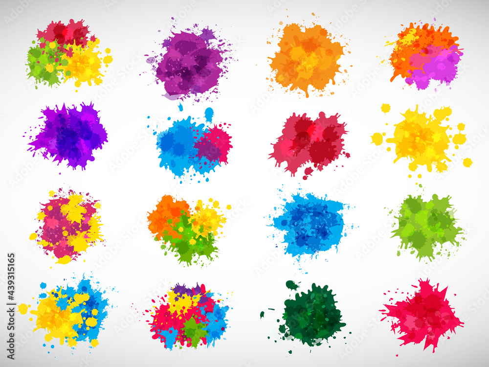 Color splashes. Abstract ink brushes shapes liquid colored templates splatters magenta yellow blue recent vector illustrations set for design projects - obrazy, fototapety, plakaty 