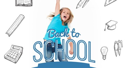 Poster - Animation of back to school text over excited schoolgirl and school items scrolling on white