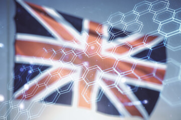 Poster - Abstract virtual wireless technology hologram with hexagon on British flag and sunset sky background. Big data and database concept. Multiexposure