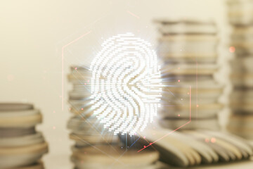 Aufkleber - Multi exposure of virtual fingerprint scan interface on growing coins stacks background, digital access concept