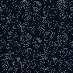 Black and white seamless pattern with tropical leaves on black background. Monstera leaves line art silhouette pattern.