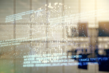 Leinwandbilder - Abstract virtual code skull hologram on a modern coworking room background, cybercrime and hacking concept. Multiexposure