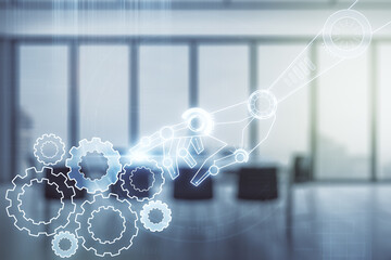 Poster - Double exposure of abstract virtual robotics technology hologram on a modern meeting room background. Research and development software concept