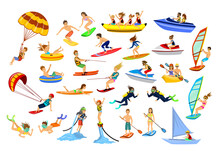 Summer Water Beach Sports. People Windsurf, Surf, Jet Ski, Stand Up Paddle, Snorkel, Scuba Dive, Tube, Ride Speed Boat Banana Float, Fly Board, Kayaking, Parasail, Wakeboard, Kitesurf, Waterski