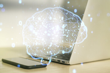 Poster - Creative artificial Intelligence concept with human brain hologram on modern laptop background. Multiexposure