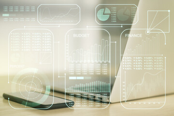 Aufkleber - Multi exposure of creative statistics data hologram on laptop background, stats and analytics concept