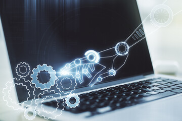 Poster - Double exposure of robotics technology hologram on laptop background. Research and development software concept