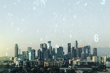 Poster - Multi exposure of abstract graphic coding sketch and world map on Los Angeles cityscape background, big data and networking concept