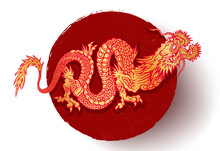 Vector Illustration Of A Golden Chinese Dragon On Red Background