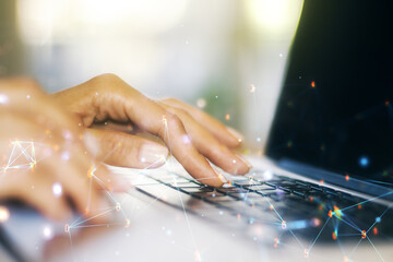 Poster - Creative abstract wireless technology hologram and hands typing on computer keyboard on background, artificial intelligence and machine learning concept. Multi exposure