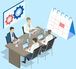 Poster - Project planning, deadline and time management concept. Business team makes office timetable of meetings and events. People analyze plan, schedule. Work schedule planning vector illustration
