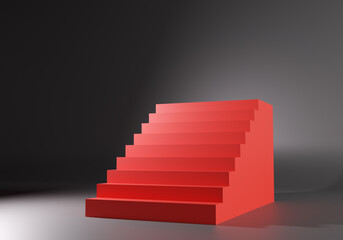 Poster - Red volumetric staircase on a dark background. 3d podium stand in the form of steps. Red podium stand on a dark background. podium stand in form of a ladder to demonstrate a product.