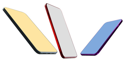 Poster - Realistic smartphone mockup. Three Cellphones frames with blank display. Phone different angles views. Mobile device concept. Multicolored smartphone mockup. Modern phone mockup. 3d rendering