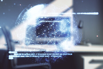 Poster - Multi exposure of abstract software development hologram with world map and modern desktop with laptop on background, global research and analytics concept