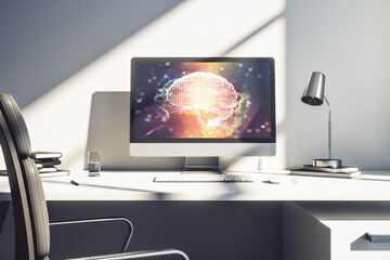 Poster - Creative artificial Intelligence concept with human brain sketch on modern laptop monitor. 3D Rendering