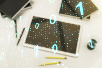 Leinwandbilder - Creative abstract binary code sketch and modern digital tablet on background, hacking and matrix concept. Multiexposure
