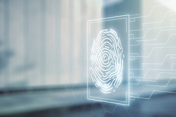 Aufkleber - Double exposure of virtual creative fingerprint hologram on modern business center exterior background, research and development concept
