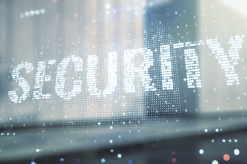 Poster - Virtual cyber security creative concept on blurry modern office building background. Double exposure