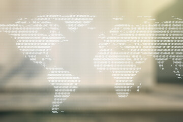 Poster - Double exposure of abstract digital world map hologram on contemporary business center exterior background, big data and blockchain concept