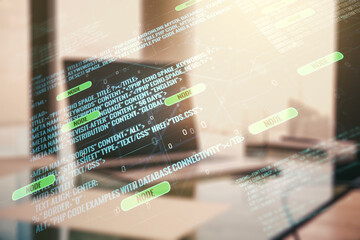 Poster - Multi exposure of abstract graphic coding sketch on modern computer background, big data and networking concept