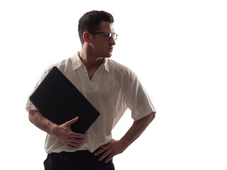 Poster - teacher man with a laptop in his hands. he keeps closed laptop. portrait of teacher man on white bac