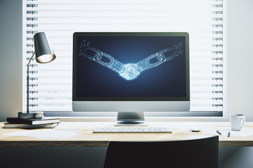 Poster - Creative abstract block chain technology hologram with handshake on modern computer monitor, cryptography and decentralization concept. 3D Rendering