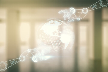 Aufkleber - Abstract virtual robotics technology hologram with globe sketch on empty corporate office background. Robot development and automation concept. Multiexposure