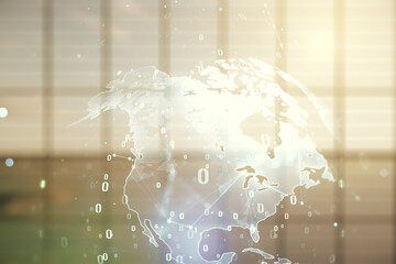 Aufkleber - Abstract virtual coding illustration and world map on modern interior background, international software development concept. Multiexposure