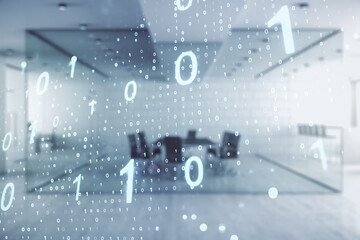 Poster - Double exposure of abstract virtual binary code hologram on modern corporate office background. Database and programming concept