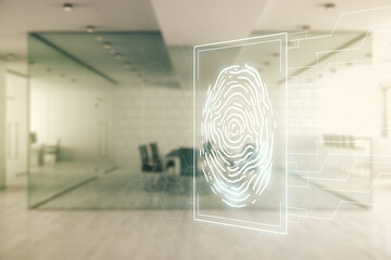 Fototapete - Multi exposure of virtual abstract fingerprint illustration on a modern furnished office background, digital access concept