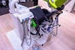 Dental chair disabled patients. Dental chair with wheelchair top view. Dental equipment for working with people disabilities. Wheelchair in dentist office. Treating teeth for patients disabilities.