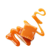 Wall Mural - Sweet caramel candy with topping isolated on white, top view