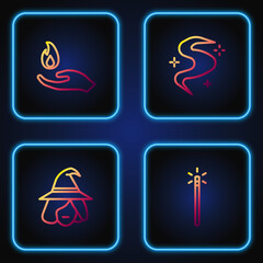 Wall Mural - Set line Magic wand, Witch, Hand holding fire and fog or smoke. Gradient color icons. Vector