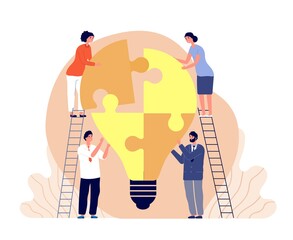 Wall Mural - Creative team working together. Business idea, remote design work. People cooperation, technology brainstorm and search utter vector concept