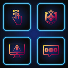 Poster - Set line Password protection, Monitor with exclamation mark, Fingerprint and Shield. Gradient color icons. Vector