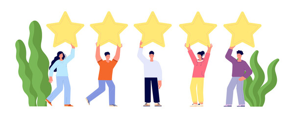 Client feedback review. Goods reviews, customers popular service. People ranking stars, woman man rate. Best quality rank utter vector concept