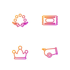 Sticker - Set line Cannon, Jester hat with bells, Juggling ball and Circus ticket. Gradient color icons. Vector