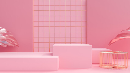 Poster - 3D rendering abstract display product, podium pastel pink background. Minimal advertising exhibition arch, decorative element, simple geometric form copy space. Premium light art mockup online trading