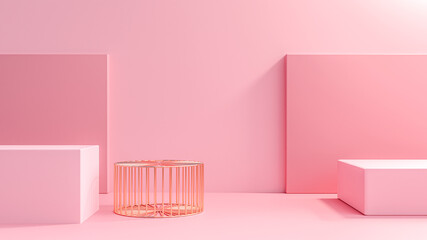 Poster - Pink 3d render abstract platform, minimal pastel podium display scene.