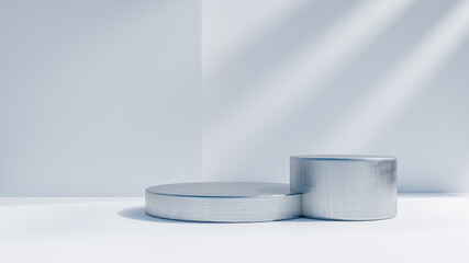 Poster - 3d illustration pedestal,geometric step blue cylinder podium platform for cosmetic product presentation.Mock up design empty space. Abstract composition in white background modern style