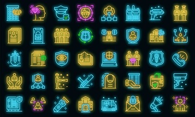 Poster - Personal guard icons set. Outline set of personal guard vector icons neon color on black