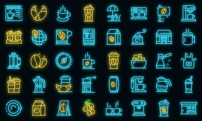 Poster - Coffee shop icons set. Outline set of coffee shop vector icons neon color on black