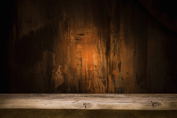 Poster - dark background wall with empty table, for montage of product