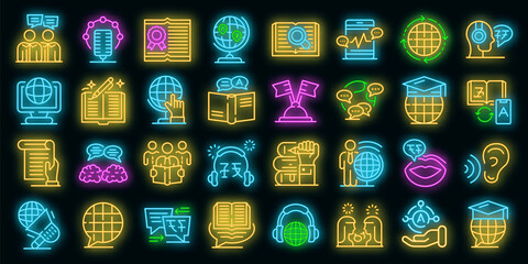 Poster - Translator icons set. Outline set of translator vector icons neon color on black