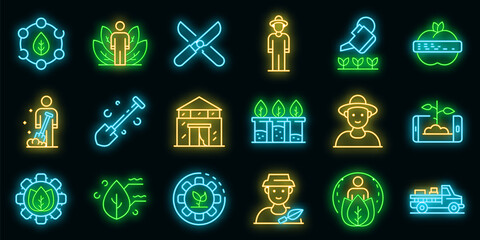 Sticker - Agronomist icons set. Outline set of agronomist vector icons neon color on black