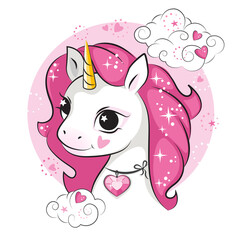 Wall Mural - Cute little smiling unicorn with a heart shaped magic crystal on his neck .  Beautiful picture for your design.