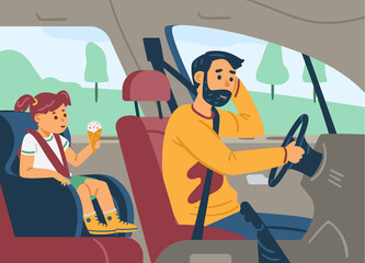 Man driving car and giving ride to his child, flat vector illustration.