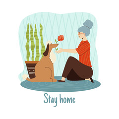 Wall Mural - Stay home card with woman enjoying recreation at home, flat vector illustration.