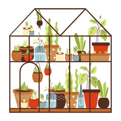 Wall Mural - Glass greenhouse with collection of house plants growing in pots on shelves.