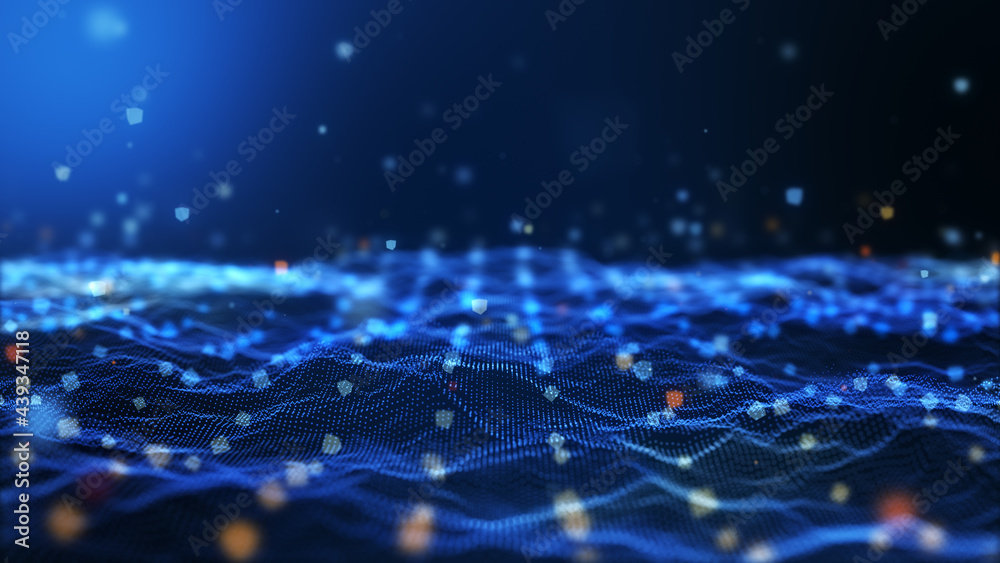 Glow blue digital landscape with cube particle. Crypto currency, big data, block chain and digital technology concept. 3D Rendering. - obrazy, fototapety, plakaty 